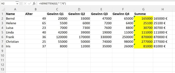 excel verkettung in einer spalte ein euro zeichen ergänzen