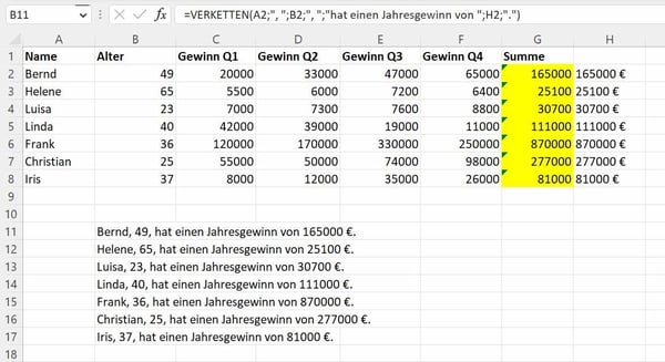 Excel verkettung um einen ganzen satz aus mehreren spalten zu erstellen