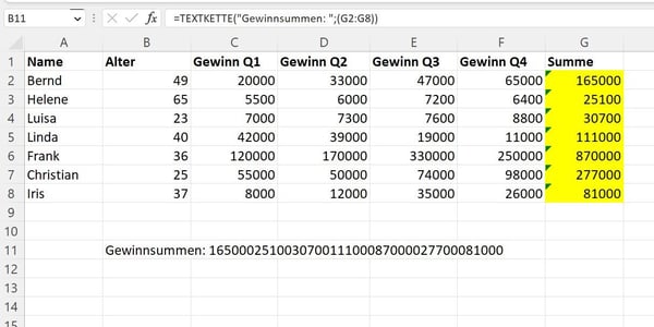 excel textkette beispiel: alle Zelleninhalte in diesem Bereich nacheinander auflistet