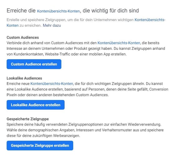 Dieser Screenshot zeigt die Targeting Auswahlmöglichkeiten, unter anderem die Lookalike Audience