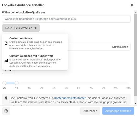 Wie man eine Lookalike Audience erstellt, zeigt dieser Screenshot aus dem Facebook Werbeanzeigenmanager
