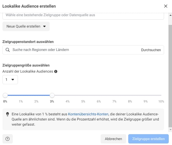Der Screenshot von Facebook zeigt, wie die Zielgruppengröße der Lookalike Audience ausgewählt werden kann