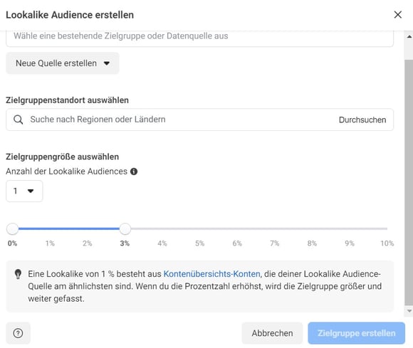 Der Screenshot von Facebook zeigt, wie die Zielgruppengröße der Lookalike Audience ausgewählt werden kann
