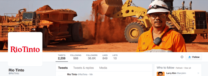 Beispiel eines gelungenen Twitter-Titelbilds - RioTinto Beispiel eines gelungenen Twitter-Titelbilds - RioTinto