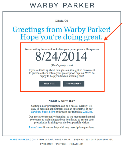 HubSpot - Ansprechende Marketing-E-Mails schreiben - Beispiel von Warby Parker