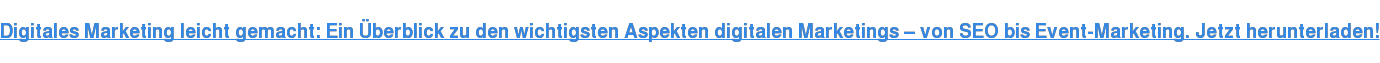 Digitales Marketing leicht gemacht: Ein Überblick zu den wichtigsten Aspekten digitalen Marketings – von SEO bis Event-Marketing. Jetzt herunterladen!