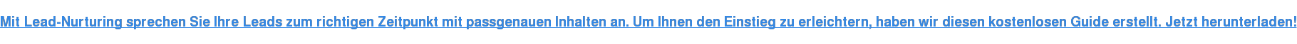 Mit Lead-Nurturing sprechen Sie Ihre Leads zum richtigen Zeitpunkt mit passgenauen Inhalten an. Um Ihnen den Einstieg zu erleichtern, haben wir diesen kostenlosen Guide erstellt. Jetzt herunterladen!