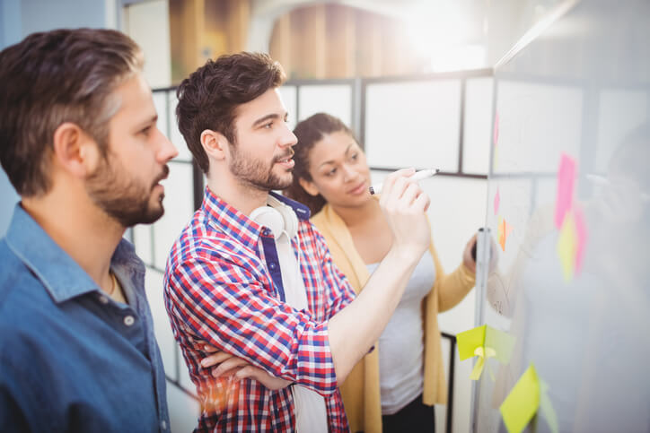 Team steht vor Whiteboard und diskutiert