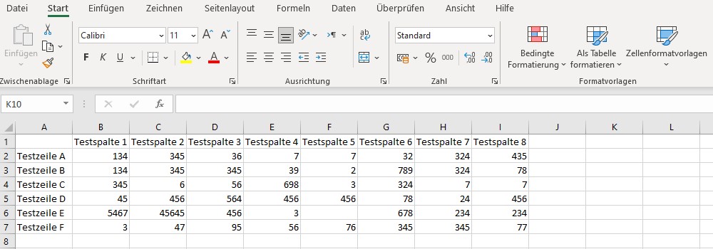 Screenshot einer Excel-Tabelle mit eingetragenen Werten in den Spalten.