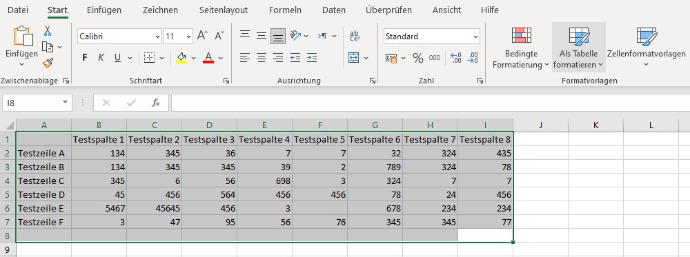 Screenshot der Excel-Tabelle, um zu zeigen, wie sich die Spalten formatieren lassen.