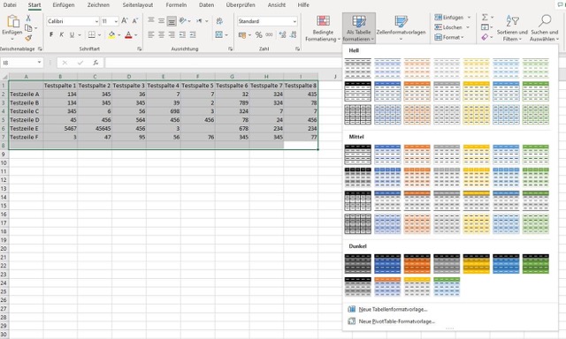 Der Screenshot der Excel-Tabelle zeigt, wie sich eine Formatvorlage für die Daten nutzen lässt.
