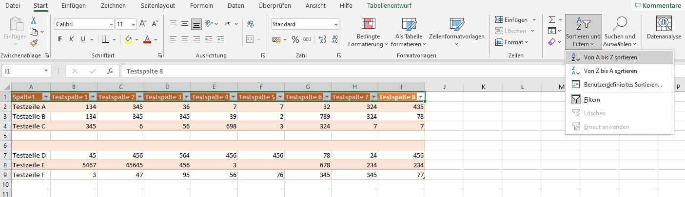 Erweiterte Funktionen für die Excel-Tabelle