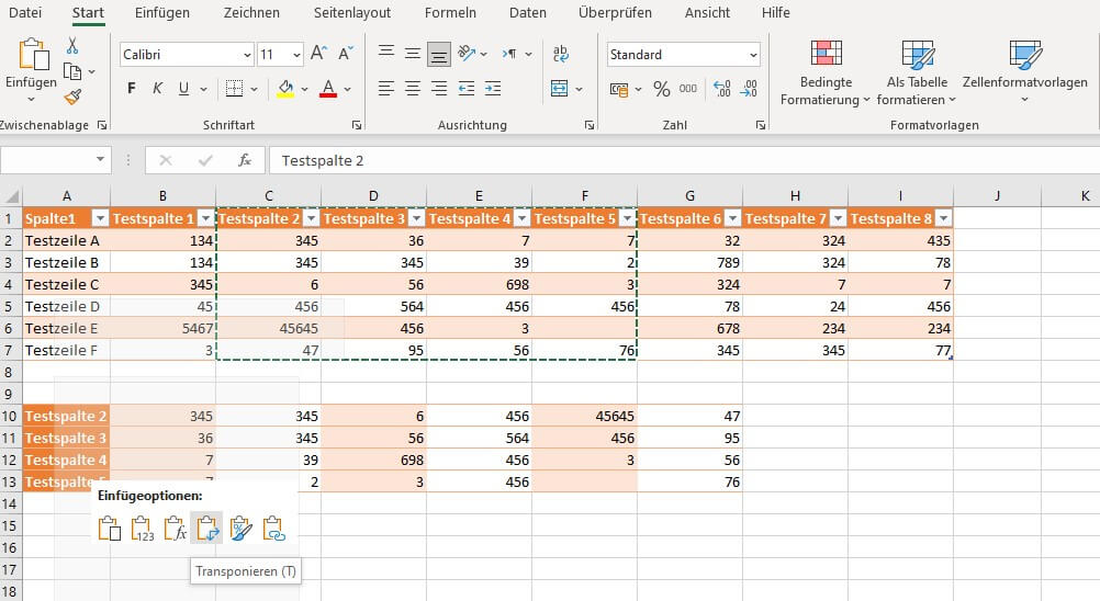 Der Screenshot der Excel-Tabelle zeigt, wie sich die Tabelle drehen, also transponieren lässt.