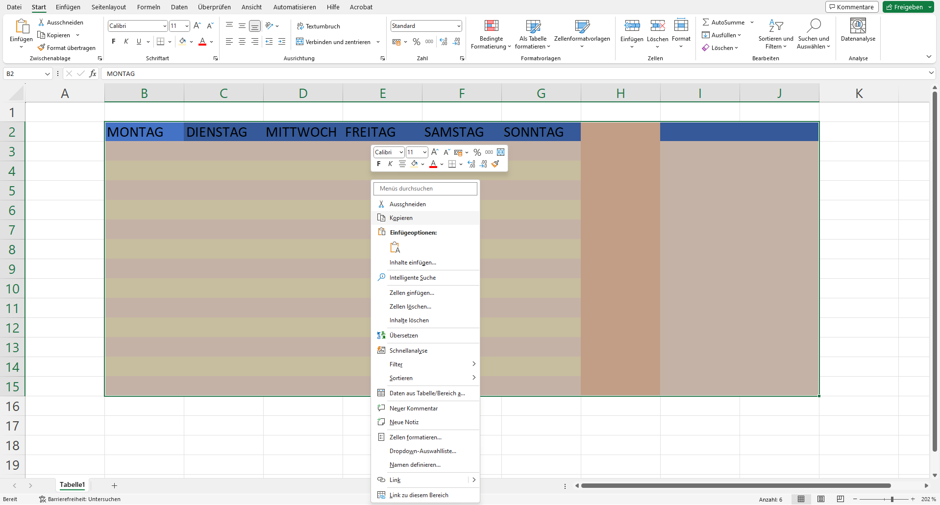 Screenshot von einer Excel Tabelle.