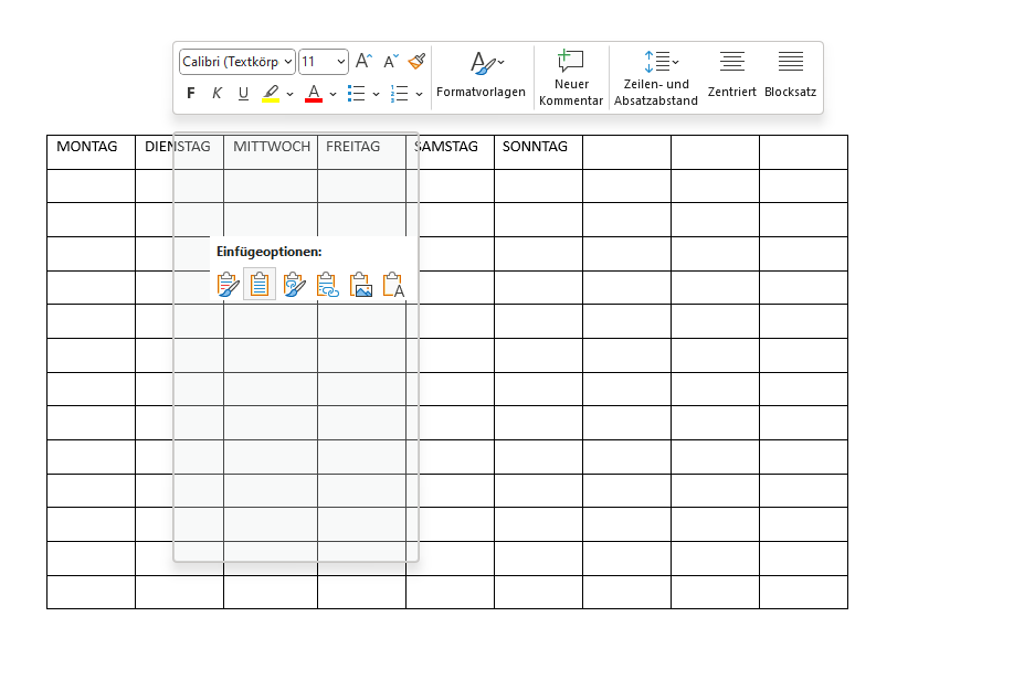 Screenshot von der angepassten Excel-Tabelle in Word.