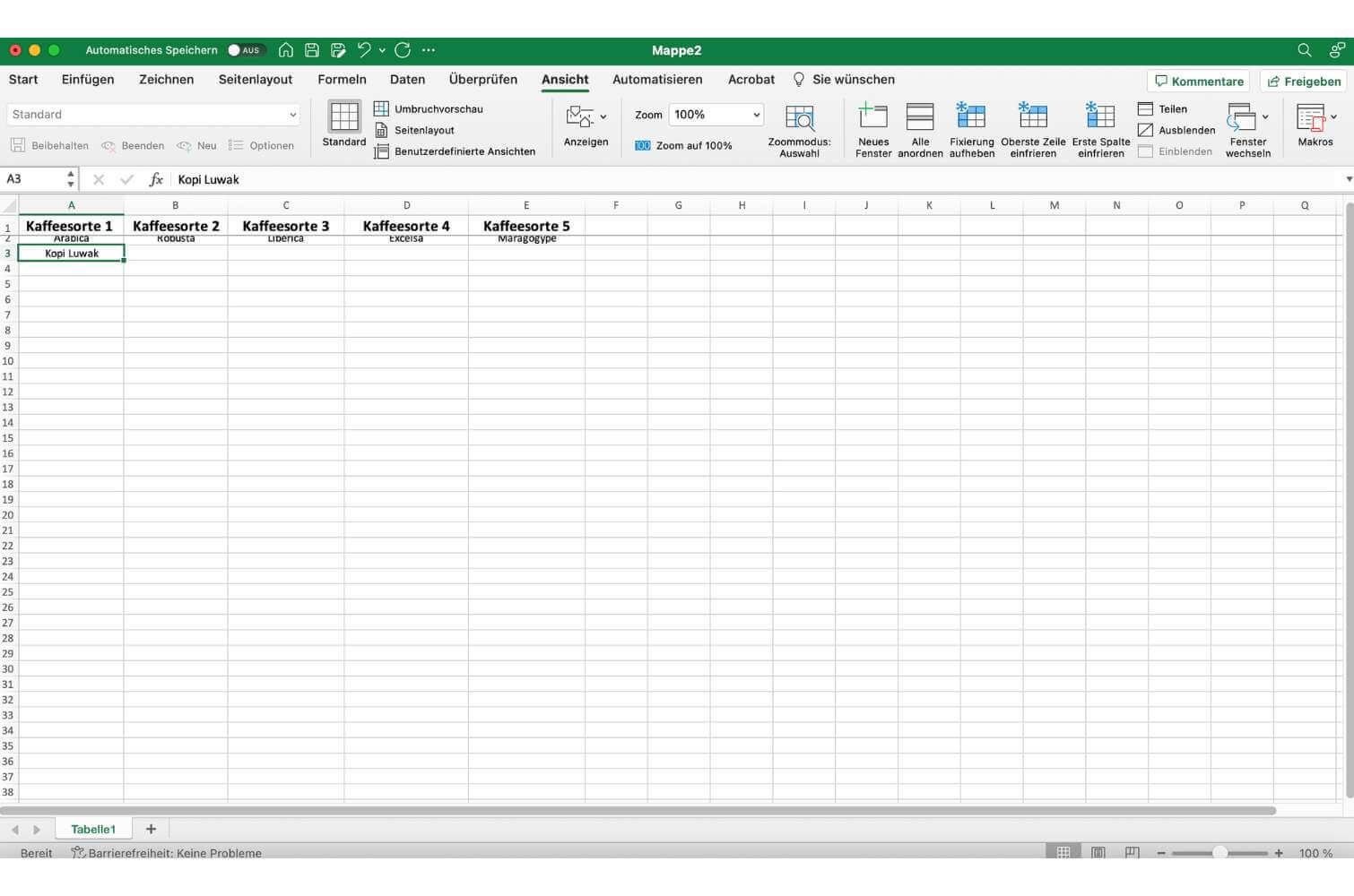 Screenshot von der Excel und der fixierten Zeile.