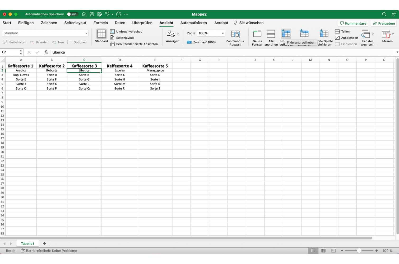 Screenshot, wie man die Fixierung in der Excel auflöst.