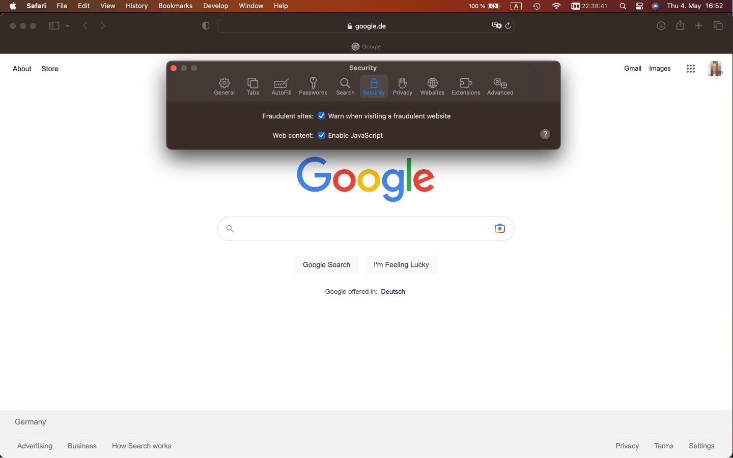 Screenshot, der zeigt, wie Sie in Safari JavaScript aktivieren