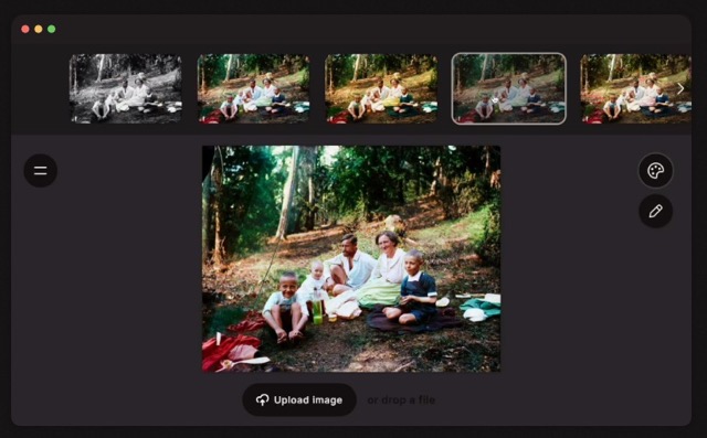 Screenshot von Palette.fm, wie Schwar-Weiß-Bilder eingefärbt werden können mittels AI-Bildbearbeitung