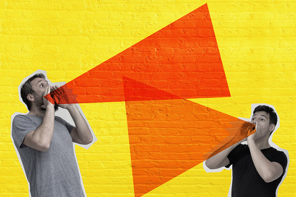 Collage zwei schreiende Maenner mit Dreiecken symbolisieren Kommunikationsstile