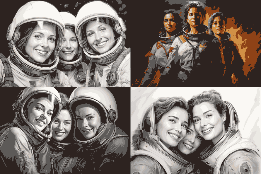 AI generiertes Bild von vier stolzen Astronautinnen im Weltall