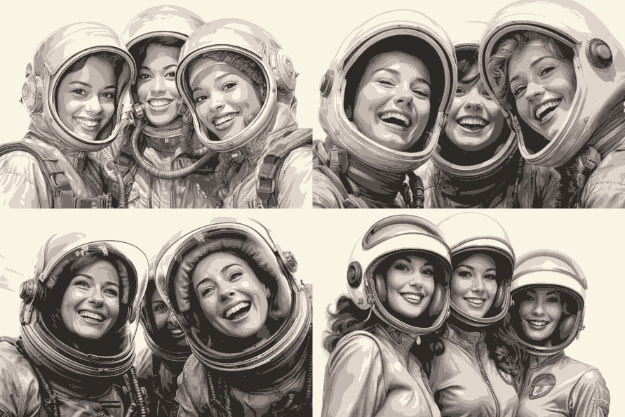 Screenshot eines von Midjourney generierten Bildes mit vier Astronautinnen.