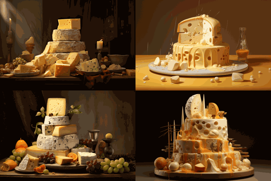 Ein von Midjourney generiertes Bild, welches Käse als Torte aufgeschichtet zeigt.
