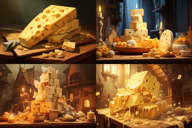 Ein von Midjourney generiertes Bild, das Berge von Käse zeigt.
