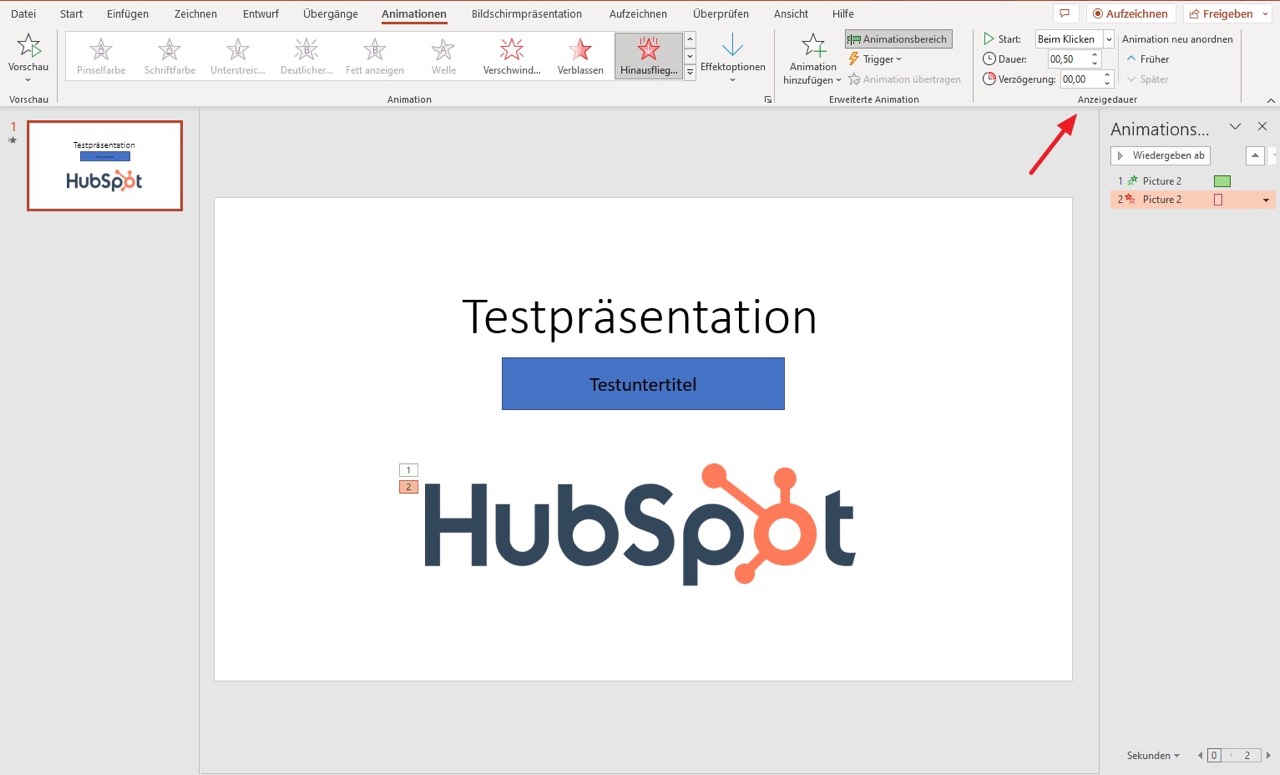Der Screenshot der PowerPoint Präsentation zeigt, wie die Anzeigedauer für die Animation eingestellt wird.