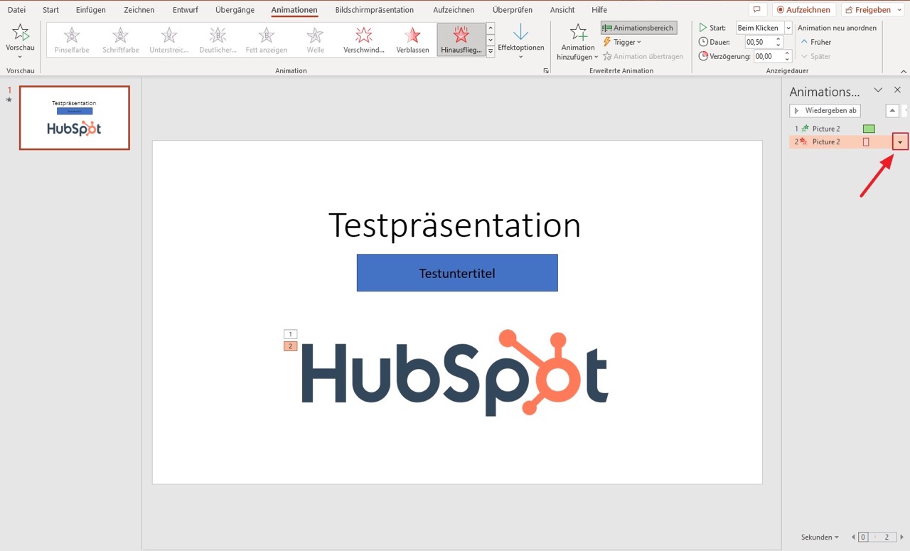 Der Screenshot der PowerPoint Präsentation zeigt, wie sich die Animation per Klick als Vorschau anzeigen lässt.