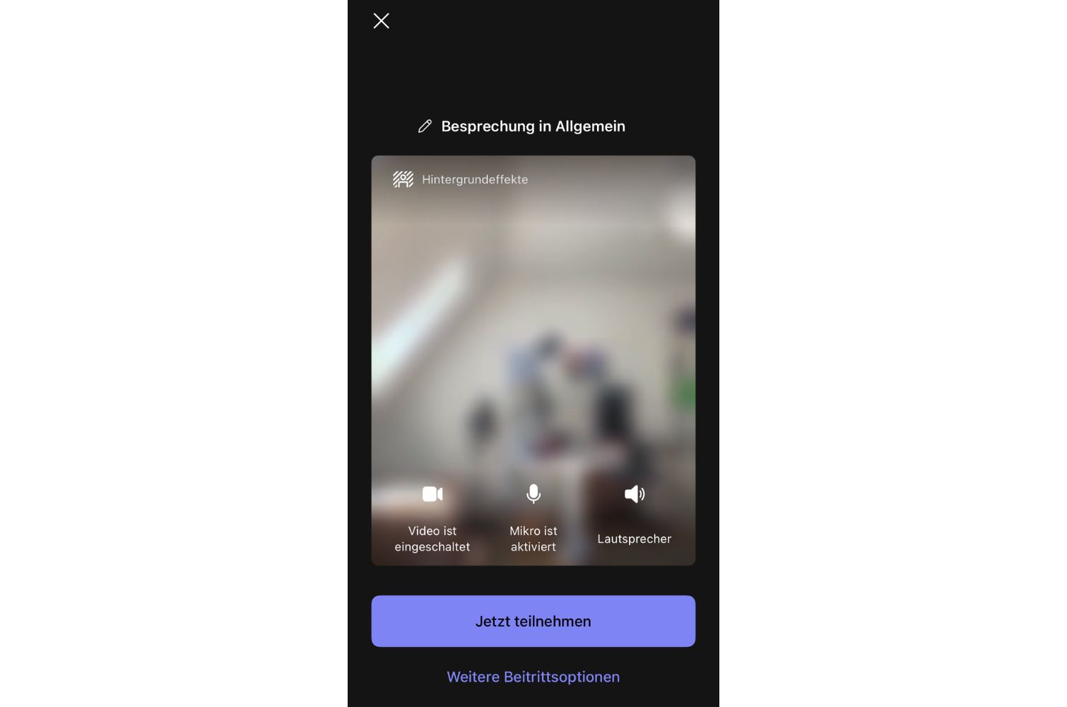 Screenshot, wie man Teams-Hintergrund ändert, bevor man mit Smartphone an einer Besprechung teilnimmt