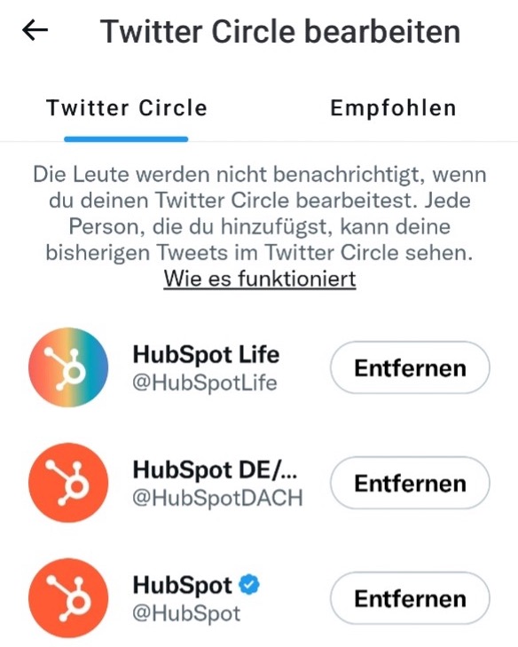 Screenshot Liste aller Profile im Twitter Circle