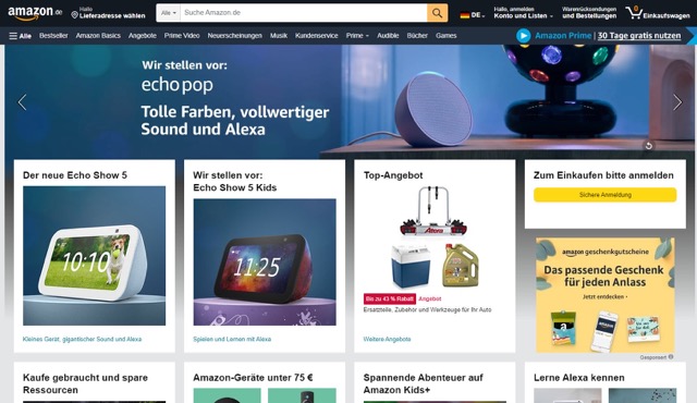 Screenshot von der Amazon Startseite.