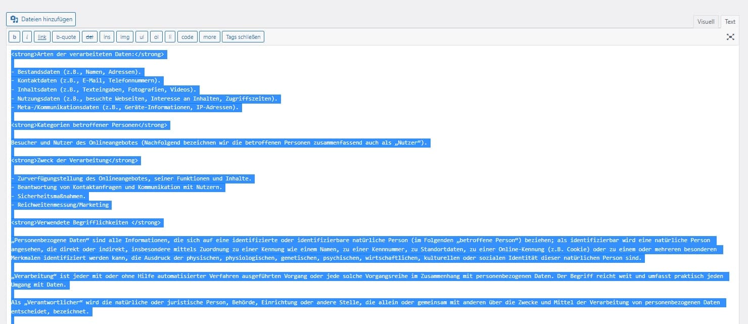Screenshot WordPress-Editor im HTML-Bearbeitungsmodus