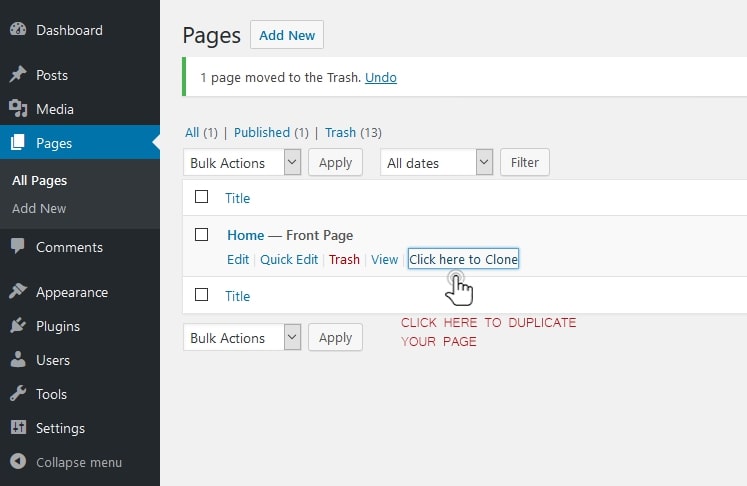 Screenshot WordPress-Seite duplizieren mit Duplicate Page & Post WordPress-Plugin