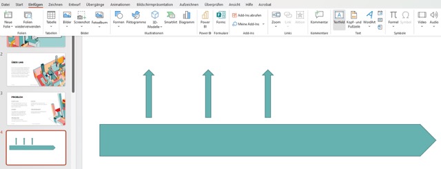 Screenshot von PowerPoint, wie sich Textfelder zum individuellen Zeitstrahl hinzufügen lassen.