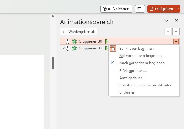 Screenshot von PowerPoint, um weitere Effektoptionen für die Animation anzuzeigen.