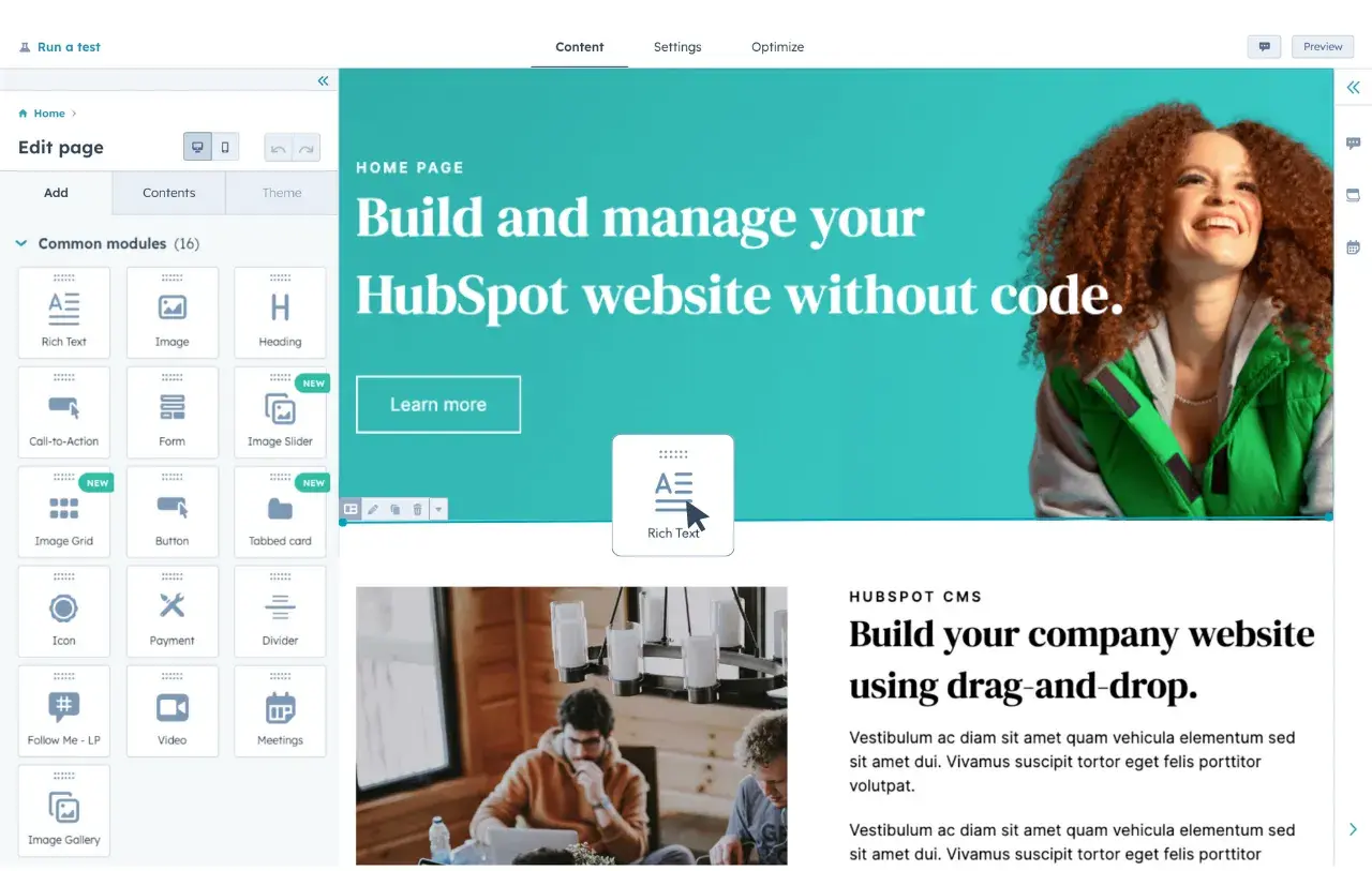 Die CMS-Benutzeroberfläche im HubSpot Content Hub mit Modulen zur Bearbeitung von Webseiten und einem Website-Designer
