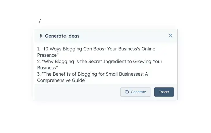 Dialogfeld „Ideen generieren“ im HubSpot KI-Text-Generator mit Vorschlägen für Blog-Themen