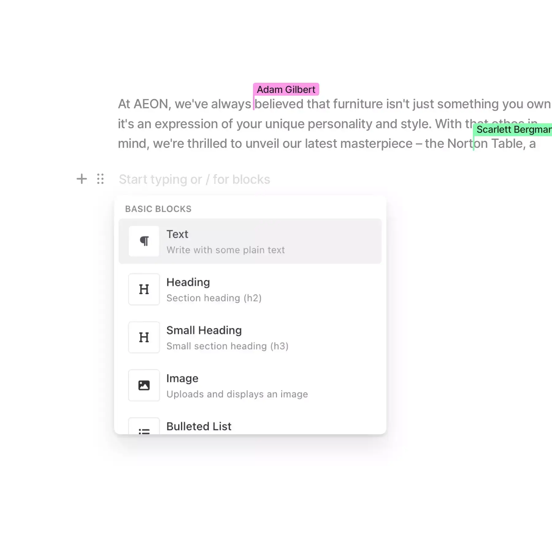 Audienceful E-Mail-Marketing-Oberfläche für Beratungsunternehmen; Dropdown für Text, Überschrift, kleine Überschrift etc.