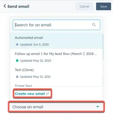 HubSpot Workflows Dropdown mit Anleitung zur Erstellung einer neuen E-Mail; E-Mail-Marketing für HVAC-Unternehmen