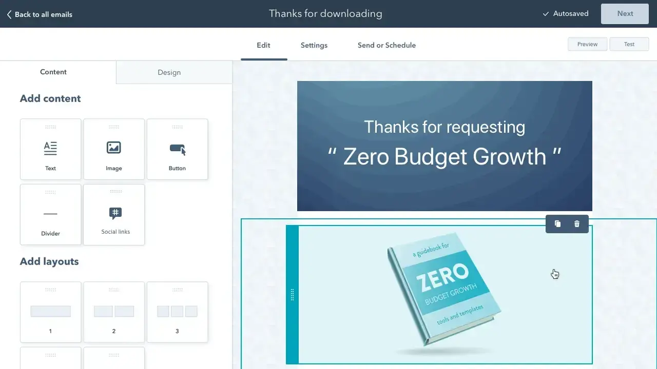 HubSpot-E-Mail-Editor; potenzielles E-Mail-Marketing-Tool für HVAC-Unternehmen