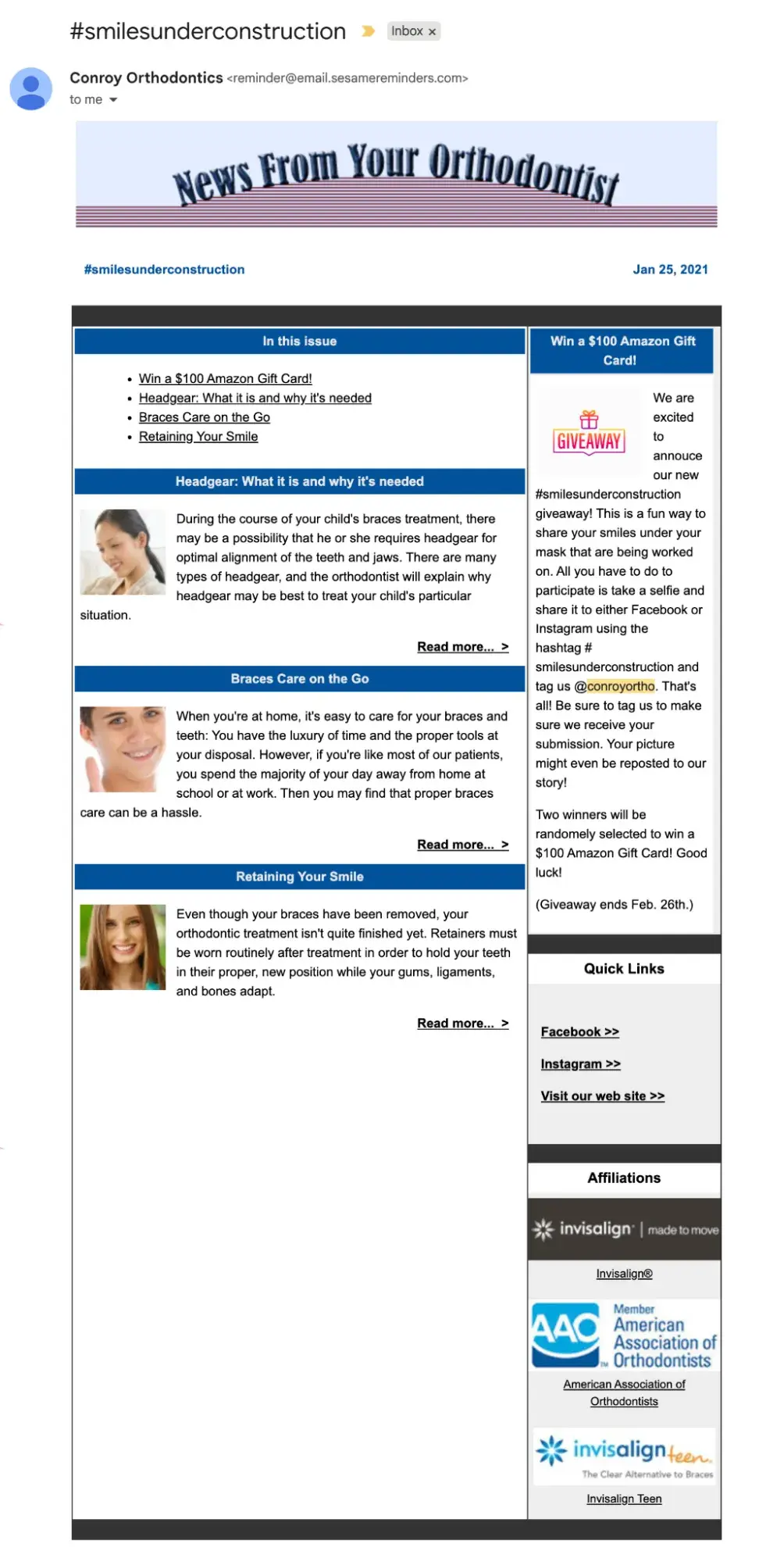 Marketing-E-Mail von einem Zahnarzt mit Praxis-Updates 