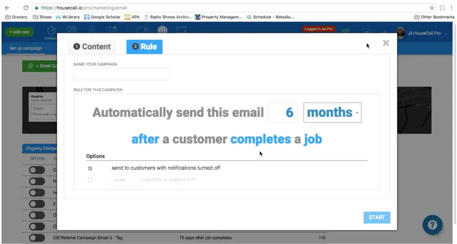 Screenshot der Benutzeroberfläche der E-Mail-Marketing-Software von Housecall Pro