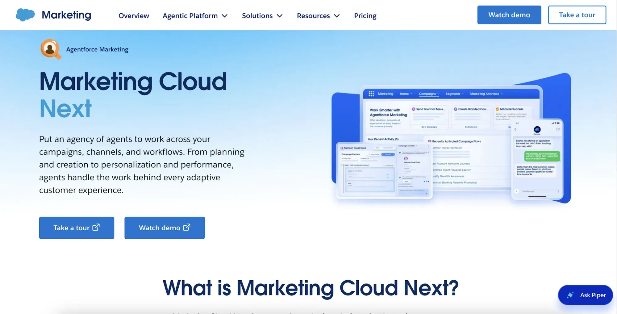 Screenshot aus Salesforce Marketing Cloud Next, Auswahlmöglichkeiten für Alternativen zu Pardot auf der Salesforce-Plattform https://www.salesforce.com/marketing/agentic-marketing/