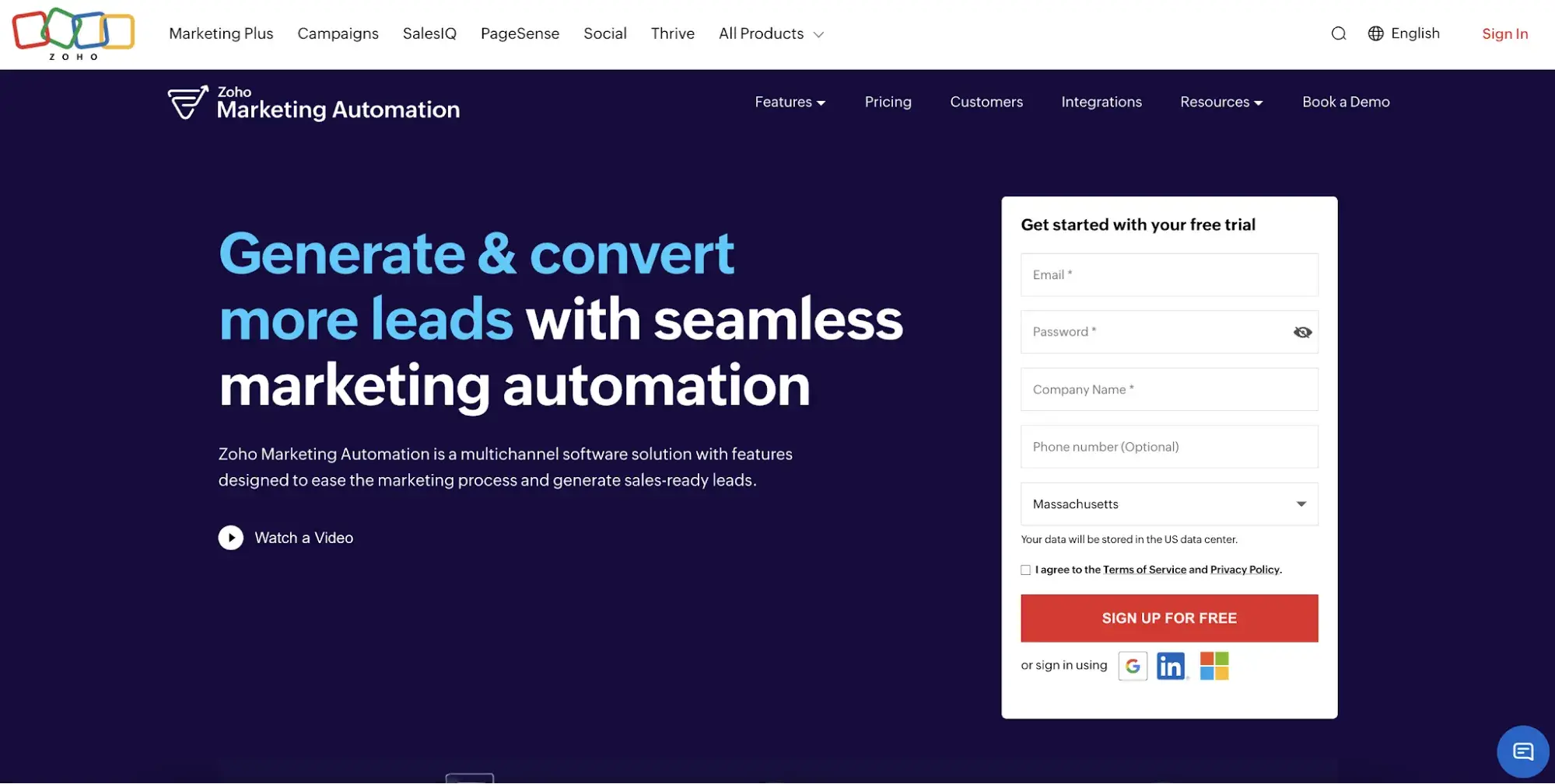 Startseite von Zoho Marketing Automation für Leadgenerierung und Kampagnenautomatisierung, mit Anmeldeformular