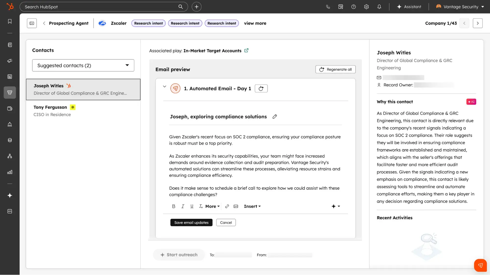 Die Benutzeroberfläche des HubSpot Prospecting Agent zeigt eine von der KI generierte, personalisierte E-Mail-Vorschau für einen Kontakt mit Kaufsignalen und Compliance-Kontext anhttps://www.hubspot.com/products/sales/ai-prospecting-agent