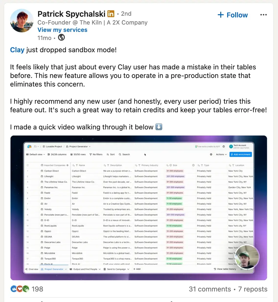 LinkedIn-Beitrag von Patrick Spychalski über die neue Sandbox-Funktion von Clay, mit der sich KI-Aktionen sicher testen lassen, ohne Guthaben zu verbrauchen