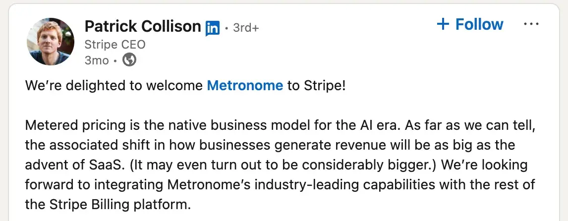 Ein LinkedIn-Beitrag von Patrick Collison, dem CEO von Stripe, in dem er die nutzungsabhängige Preisgestaltung als das „native Geschäftsmodell für das KI-Zeitalter“ bezeichnet